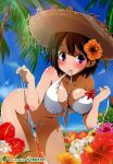  1girl absurdres bikini blush breasts brown_hair cleavage flower hat hibiscus highres large_breasts leaning_forward mouth_hold palm_tree ragho_no_erika short_hair smile straw_hat swimsuit tree untied untied_bikini violet_eyes white_bikini white_swimsuit 