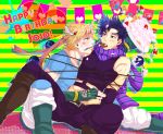  birthday_cake blonde_hair caesar_anthonio_zeppeli cake food food_on_face highres hogee jojo_no_kimyou_na_bouken joseph_joestar_(young) messy purple_hair tied_up 