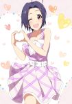 1girl ;d ahoge belt blush breasts dress heart heart_hands hitotsuki_nanoka idolmaster idolmaster_one_for_all looking_at_viewer miura_azusa one_eye_closed open_mouth plaid plaid_dress red_eyes short_hair smile solo violet_eyes 