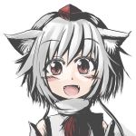 1girl :d animal_ears clses detached_sleeves fangs hat highres inubashiri_momiji open_mouth pom_pom_(clothes) red_eyes short_hair smile tokin_hat touhou white_hair wolf_ears 
