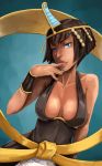  1girl bare_shoulders biting black_dress black_hair blood blue_eyes bob_cut bracelet breasts cleavage dark_skin dress eliza_(skullgirls) finger_biting hagoromo halterneck head_tilt jewelry lips looking_at_viewer nose shawl short_hair sideboob skullgirls smile solo tiara whistle_frog 