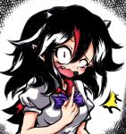  /\/\/\ 1girl black_hair bow dress fang horns kijin_seija looking_at_viewer multicolored_hair open_mouth pointing pointing_at_self red_eyes redhead short_hair solo streaked_hair touhou white_hair ziogon 