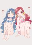  2girls ^_^ bikini blue_hair blush choker clenched_teeth closed_eyes hanasaki_tsubomi heart heartcatch_precure! kurumi_erika long_hair mobuko_(akita_komachi) multiple_girls open_mouth precure red_eyes redhead simple_background swimsuit translation_request twintails 