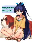  1girl animal_on_shoulder antenna_hair black_hair blue_eyes bracelet casual character_name dog earrings fang ganaha_hibiki hair_ribbon hamster hamuzou happy_birthday highres hoop_earrings idolmaster indian_style inumi jewelry kimuchi long_hair open_mouth ponytail ribbon sandals sitting small_breasts smile solo st_bernard t-shirt toes 