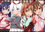  4girls akatsuki_(kantai_collection) apron aqua_eyes aqua_hair blue_skirt blush brown_eyes brown_hair casual chocolate chocolate_heart chocolate_making chocolate_on_face folded_ponytail heart hibiki_(kantai_collection) highres ikazuchi_(kantai_collection) inazuma_(kantai_collection) kantai_collection letterboxed long_hair looking_at_viewer mixing_bowl multiple_girls namekuzi_mame open_mouth purple_hair ribbon sailor_collar school_uniform serafuku short_hair skirt sleeves_past_wrists sweater tongue tongue_out valentine violet_eyes white_skirt 