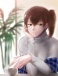  1girl alternate_costume blurry brown_hair bust chin_rest cup depth_of_field kaga_(kantai_collection) kantai_collection lips looking_at_viewer short_hair shoukaki_(earthean) side_ponytail solo steam sweater teacup yellow_eyes 
