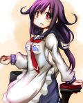  1girl blush hair_flaps hand_on_foot kantai_collection kappougi long_sleeves looking_at_viewer low_twintails neckerchief one_leg_raised open_mouth purple_hair red_eyes sailor_collar skirt solo taigei_(kantai_collection) tomoe_himuro twintails 