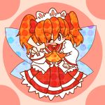  1girl ascot blue_eyes blush_stickers bow chibi dress fang hair_bow hand_on_hip one_eye_closed open_mouth orange_hair ribbon short_hair smile solo sunny_milk touhou twintails wings ziogon 
