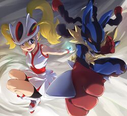  1girl bicycle_helmet bike_shorts blonde_hair blue_eyes fingerless_gloves foreshortening gloves helmet highres koruni_(pokemon) lucario mega_lucario mega_pokemon nanjin pokemon pokemon_(creature) pokemon_(game) pokemon_xy ponytail roller_skates skates 