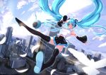  1girl bird boots city detached_sleeves feathers floating_hair hatsune_miku headset long_hair nanahime_(aoi) necktie skirt sky smile solo thigh-highs thigh_boots twintails very_long_hair vocaloid 