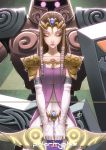  1girl armor bow_(weapon) braid brown_hair character_request closed_eyes daniel_macgregor dress glowing glowing_eyes height_difference jewelry pointy_ears princess_zelda revision shield solo_focus spirit_tracks the_legend_of_zelda tiara twilight_princess weapon 