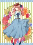  1girl food fruit hat moyashi_(shinonome) original personification pink_hair skirt skirt_hold sleeveless sleeveless_shirt smile solo strawberry twintails 