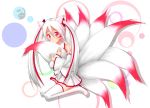  1girl animal_ears beta_x detached_sleeves facial_mark fox_ears fox_tail hair_ornament hatsune_miku highres kemonomimi_mode long_hair looking_at_viewer multicolored_hair multiple_tails pleated_skirt red_eyes sitting skirt smile solo tail tail_hug thigh-highs twintails two-tone_hair vocaloid wariza white_hair white_legwear zettai_ryouiki 