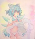  1girl blue_eyes blue_hair bow cirno dress dress_lift electric_fan fanning_crotch hair_bow highres ice ice_wings looking_at_viewer mouth_hold navel panties pink_background popsicle puffy_short_sleeves puffy_sleeves short_hair short_sleeves solo touhou traditional_media underwear watercolor_(medium) white_panties wings yuyu_(00365676) 
