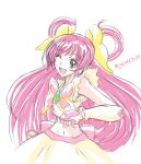  1girl artist_name arudebido cure_dream earrings eyelashes hair_ornament hair_ribbon hair_rings happy jewelry long_hair looking_at_viewer magical_girl midriff navel one_eye_closed open_mouth pink_eyes pink_hair precure ribbon shirt simple_background sketch skirt smile solo white_background wrist_cuffs yes!_precure_5 yumehara_nozomi 