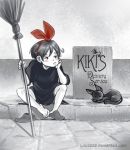  1girl barefoot blush_stickers bow broom cat greyscale hair_bow hairband jiji_(majo_no_takkyuubin) kiki lulu2222 majo_no_takkyuubin monochrome short_hair sitting solo spot_color watermark web_address 