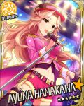  character_name hamakawa_ayuna hat idolmaster idolmaster_cinderella_girls long_hair microphone pink_hair signing star uniform yellow_eyes 