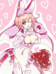  1girl ;) ahoge blue_eyes blush breasts cleavage cleavage_cutout clover dress elphelt_valentine flower four-leaf_clover gasmotin_roby gloves guilty_gear guilty_gear_xrd hat heart heart_background huge_ahoge large_breasts one_eye_closed pink_hair puffy_sleeves ramlethal_valentine rose short_hair side_slit smile solo spikes thigh-highs veil 