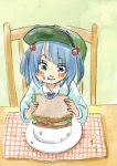  1girl black_ribbon blue_eyes blue_hair blush blush_stickers bread chair cheese eating food food_on_face hair_bobbles hair_ornament hat kawashiro_nitori lettuce long_sleeves plate ribbon sandwich shirt short_hair sitting sliced solo table tomato touhou traditional_media twintails 