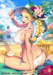  arm_support barefoot beach bikini blonde_hair bracelet braid breasts flower green_eyes hair_flower hair_ornament hat jewelry large_breasts long_hair looking_back ocean palm_tree qurare_magic_library sky smile solo_focus swimsuit tagme tree twin_braids 