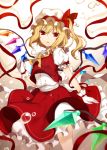  1girl 6u_(eternal_land) ascot blonde_hair bubble cowboy_shot flandre_scarlet gloves hat looking_at_viewer open_mouth red_eyes ribbon short_hair side_ponytail skirt solo touhou white_gloves wings 