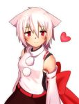  1girl animal_ears blush breasts detached_sleeves dominico heart inubashiri_momiji looking_at_viewer pom_pom_(clothes) red_eyes ribbon ribbon-trimmed_sleeves ribbon_trim short_hair silver_hair simple_background smile solo touhou white_background wolf_ears 