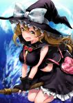  1girl alternate_costume bag black_gloves blonde_hair blush breasts broom broom_riding crescent_earrings earrings fingerless_gloves gloves handbag hat highres jewelry kirisame_marisa large_breasts long_hair looking_at_viewer midriff neo-masterpeacer open_mouth smile solo touhou witch_hat yellow_eyes 