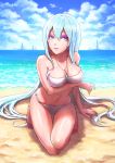  1girl beach bikini blue_hair breast_hold breasts gou_(ga673899) kaku-san-sei_million_arthur long_hair looking_at_viewer ocean smile solo swimsuit 