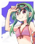  1girl bikini_top claire_(sennen_sensou_aigis) goggles green_hair hikawa_shou sennen_sensou_aigis smile striped_bikini_top 
