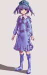  1girl absurdres backpack bag blue_eyes blue_hair boots dress grey_background hair_bobbles hair_ornament hat highres kawashiro_nitori key long_sleeves naminori pocket rubber_boots short_hair simple_background skirt skirt_set solo touhou twintails 