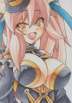  1girl blush breasts bust caster_(fate/extra) fang fate/extra fate_(series) frills hat large_breasts marker_(medium) mechanical_pencil millipen_(medium) open_mouth pencil pink_hair solo traditional_media yellow_eyes yutakasan-love 