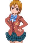  1girl blazer bowtie brown_eyes brown_hair eyelashes futari_wa_precure futari_wa_precure_max_heart happy long_hair looking_at_viewer manji_(tenketsu) misumi_nagisa precure shirt simple_background sketch skirt smile solo standing white_background 