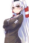 1girl amatsukaze_(kantai_collection) blush breast_hold breasts brown_dress brown_eyes bust crossed_arms dress hair_tubes hairband kantai_collection long_hair looking_at_viewer silver_hair solo tenken_(gotannda) twintails very_long_hair 