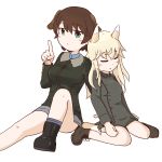  2girls animal_ears ankle_boots aqua_eyes black_boots blonde_hair blush bomber_jacket boots bottomless brown_hair closed_eyes dog_ears dog_tail erua fox_ears fox_tail heart jacket long_hair looking_at_viewer military military_uniform multiple_girls ottilie_kittel short_hair simple_background sitting sleeping strike_witches tail uniform waltraud_nowotny wariza white_background 