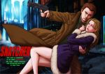  1boy 1girl aiming blonde_hair blue_eyes brown_eyes brown_hair building cityscape coat couple cyberpunk detective english gillian_seed gun handgun holding hug husband_and_wife jamie_seed legs long_hair necktie night police raincoat realistic science_fiction shoes snatcher video_game weapon yorimitsu 