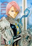  1boy armor blue_eyes character_name english gilthunder looking_at_viewer nanatsu_no_taizai pink_hair serious short_hair solo suzuki_nakaba sword weapon 