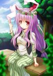  1girl alternate_costume alternate_hairstyle animal_ears blush breasts flower flower_on_head highres jewelry ken123456 lavender_hair long_hair looking_at_viewer nature necklace open_mouth rabbit_ears red_eyes reisen_udongein_inaba sitting solo touhou tree 
