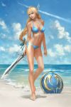  1girl absurdres aqua_eyes aqua_ribbon artist_request bangs bare_legs bare_shoulders barefoot beach bikini blonde_hair blue_bikini blue_sky blue_swimsuit braid braided_ponytail breasts cleavage clouds day earrings female full_body hair_ribbon highres holding holding_sword holding_weapon jewelry large_breasts legs long_hair long_legs midriff navel ocean outdoors parted_lips planted ribbon sand shield side-tie_bikini single_braid sky smile solo sophitia_alexandra soulcalibur standing standing_on_one_leg swimsuit sword very_long_hair water weapon 