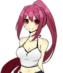  1girl arms_behind_back bare_shoulders blush breasts cleavage hair_ribbon large_breasts long_hair midriff mieru_(sugarsweet) navel ponytail purple_hair red_eyes ribbon smile solo spaghetti_strap tank_top under_night_in-birth yuzuriha_(under_night_in-birth) 