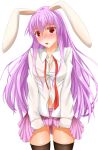  1girl animal_ears black_legwear blush breasts cleavage collarbone highres lavender_hair long_hair looking_at_viewer midriff navel open_clothes open_mouth open_shirt rabbit_ears red_eyes reisen_udongein_inaba simple_background skirt solo thigh-highs totororo touhou white_background zettai_ryouiki 