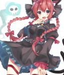  1girl :d animal_ears bell bell_collar black_dress bow braid cat_ears cat_tail collar cowboy_shot dress fang frilled_bow frilled_dress frilled_sleeves frills hair_bow hair_ornament hand_on_thigh kaenbyou_rin ojou-sama_pose open_mouth pointy_ears puffy_short_sleeves puffy_sleeves red_eyes redhead short_sleeves simple_background smile solo tail touhou twin_braids watase_(abe) white_background 