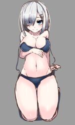  1girl bikini blue_eyes breasts cleavage grey_hair hair_ornament hair_over_one_eye hairclip hamakaze_(kantai_collection) kantai_collection navel seiza short_hair sitting solo swimsuit tenken_(gotannda) untied untied_bikini 