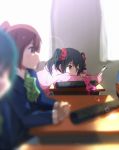  3girls bare_shoulders black_hair blue_hair bow chair classroom desk graduation hair_between_eyes hair_bow highres love_live!_school_idol_project multiple_girls ogipote photo_(object) red_eyes redhead ribbon school_desk school_uniform sitting twintails yazawa_nico 