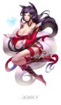  1girl ahri animal_ears bangle bare_shoulders black_hair boots bracelet breasts character_name cleavage fingernails fox_ears highres jewelry large_breasts league_of_legends lips liuruoyu8888 long_hair low-tied_long_hair nail_polish parted_lips solo tail very_long_hair white_background yellow_eyes 
