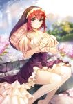  1girl blue_eyes flower hands_clasped highres puffy_sleeves redhead rosary short_hair short_sleeves sitting skirt smile solo tagme thigh-highs 