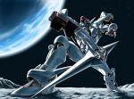  90s detonator_orgun earth foreshortening mecha moon no_humans orgun polearm solo space weapon 