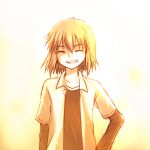  1boy amano-sora backlighting black_hair child closed_eyes hand_on_hip monochrome open_mouth short_hair smile solo toono_shiki_(2) tsukihime younger 