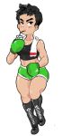  1girl black_hair boots boxing_gloves cross-laced_footwear drink drinking_straw eyebrows genderswap inkerton-kun lace-up_boots little_mac midriff punch-out!! short_hair short_shorts shorts small_breasts solo sports_bra super_smash_bros. thick_eyebrows thick_thighs thighs 