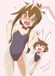  2girls animal_ears blush brown_eyes brown_hair bunny_girl bunnysuit choker dated errant fang fishnet_pantyhose fishnets flat_chest folded_ponytail hair_between_eyes hair_ornament hairclip ikazuchi_(kantai_collection) inazuma_(kantai_collection) kantai_collection long_hair multiple_girls open_mouth pantyhose pink_background rabbit_ears ribbon short_hair smile 