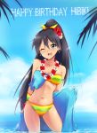  1girl bare_shoulders bikini black_hair blue_eyes blush breasts earrings fang flower flower_necklace ganaha_hibiki hair_flower hair_ornament happy_birthday highres idolmaster jewelry kaiga lei long_hair navel necklace one_eye_closed open_mouth ponytail ribbon smile solo swimsuit towel 